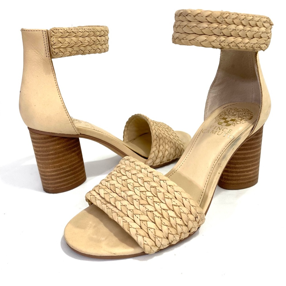Vince Camuto Block Heel Ankle Strap Woven Sandals 5 M Open Toe